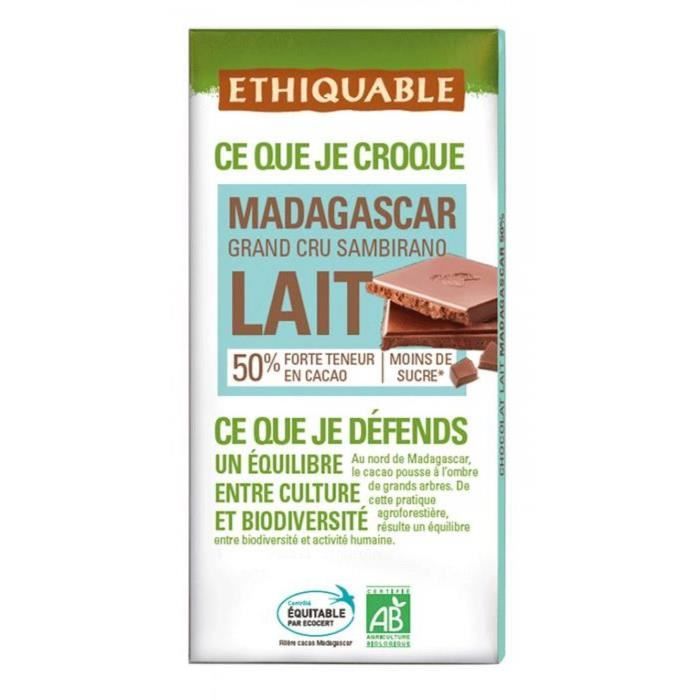 ETHIQUABLE Chocolat au lait 50% de Madagascar - Bio - 100g