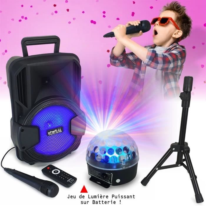 Enceinte Karaoke Enfant Portable Party MOBILE8SET - USB/Bluetooth - Micro SD - Pied - Micro - Jeu de Lumière Astro - Anniversaire
