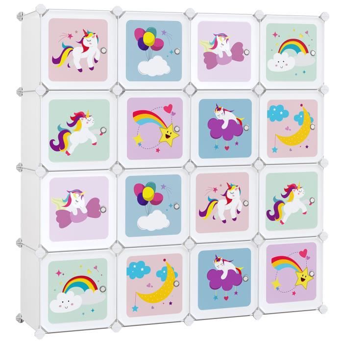 Meuble de rangement enfant 16 cubes, armoire modulable avec portes, pour vêtements, 123 x 31 x 123 cm, LPC906W01