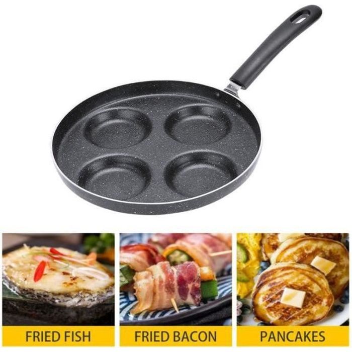 BIR15268-Poêle à Crêpes, 24 cm Poêle à pancake avec 4 Trous, Poêle à frire ronde anti-adhésive, poêle à petit déjeuner - Noir