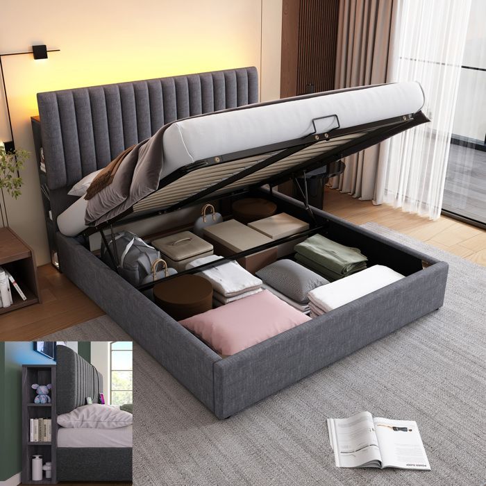 Lit Double 140x200 Avec Rangement Hydraulique – Tête De Lit Simple, LED USB, Sans Matelas, Lin Beige