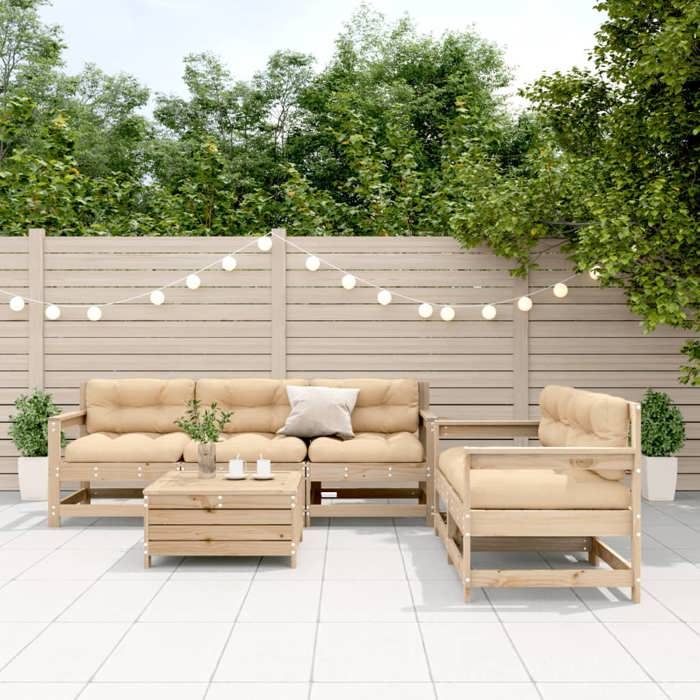 vidaXL Salon de Jardin avec Coussins 6 pcs Canapés de Terrasse Ensemble de Meubles de Patio Mobilier dExtérieur Bois de
