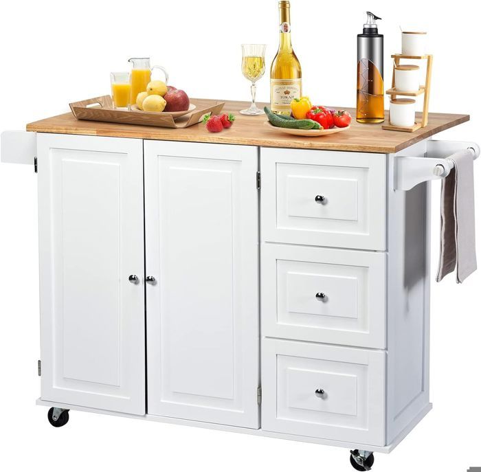 GIANTEX Desserte de Cuisine à Roulettes-3 Tiroirs+ Placards à Portes+ Porte-Serviette+ Porte-Épices-Îlot Chariot de Service-Blanc