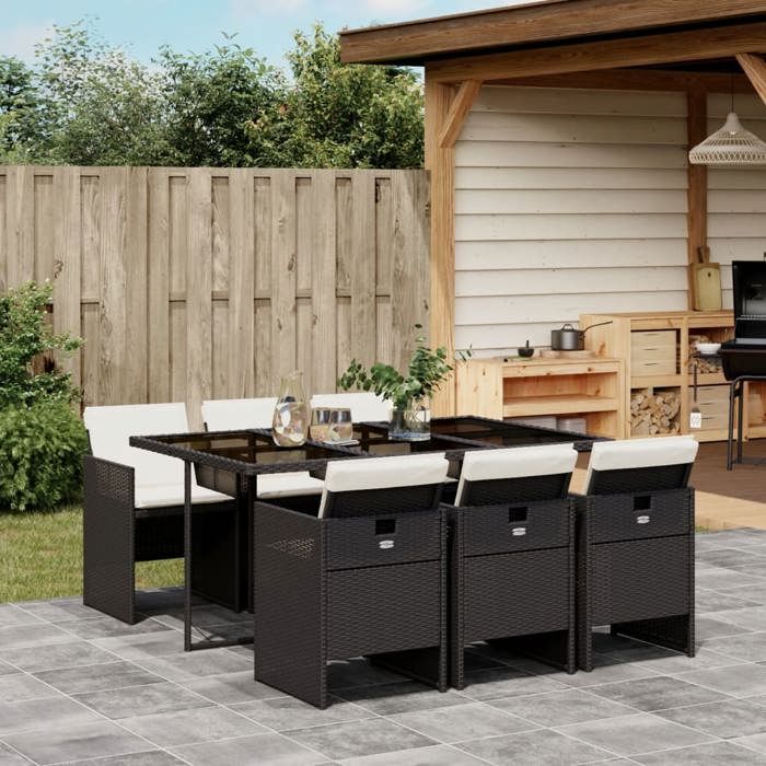 vidaXL Ensemble à manger de jardin coussins 7pcs Noir Résine tressée 3277673