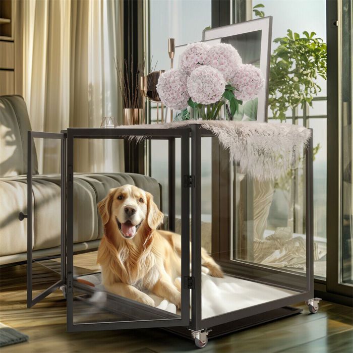 Meilleurs prix pour Cage pour grand chien en verre  Caisse de transport avec 2 portes verrouillable plateau amovible 106x68.5x82cm -Noir