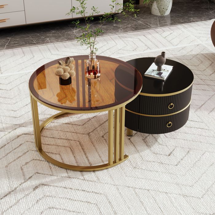 Tables basses gigognes Ronde 2 en 1 en verre salon avec 2 tiroirs rangement Cadre en métal 70x70x45+50x50x40cm Noir