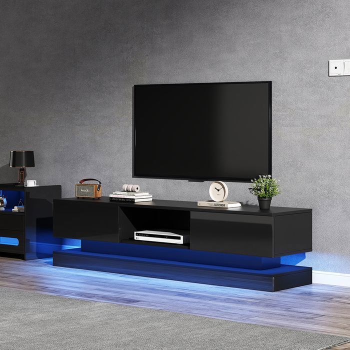 Meuble TV brillant avec 2 tiroirs pour téléviseur 60 pouces 160x35x40.5 cm - SWEIKO - Noir Meuble TV brillant avec 2 tiroirs pour téléviseur 60 pouces 160x35x40.5 cm - SWEIKO - Noir