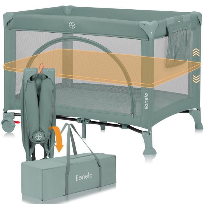 Lit parapluie compact 2en1 LIONELO Laura - Parc bébé - Matelas haute densité - Roulettes - 0-36 mois - 2 niveaux du matelas - Vert