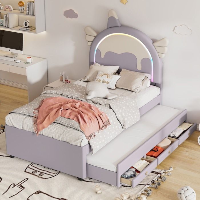 Lits garçons 90x200 avec lit gigogne 90x190 lit simple avec 2 tiroirs lit enfant avec sommier à lattes et tête de lit PU violet