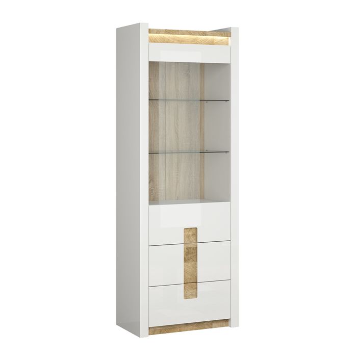 Vitrine 1 porte 2 tiroirs Petits-meubles - Helios - 72 x 42 x 202cm - Blanc et bois Vitrine 1 porte 2 tiroirs Petits-meubles - Helios - 72 x 42 x 202cm - Blanc et bois