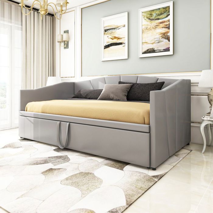 Canapé-lit gigogne 90/180*200 cm velours doux gris - Sommier lattes multifonctionnel design moderne (sans Matelas)