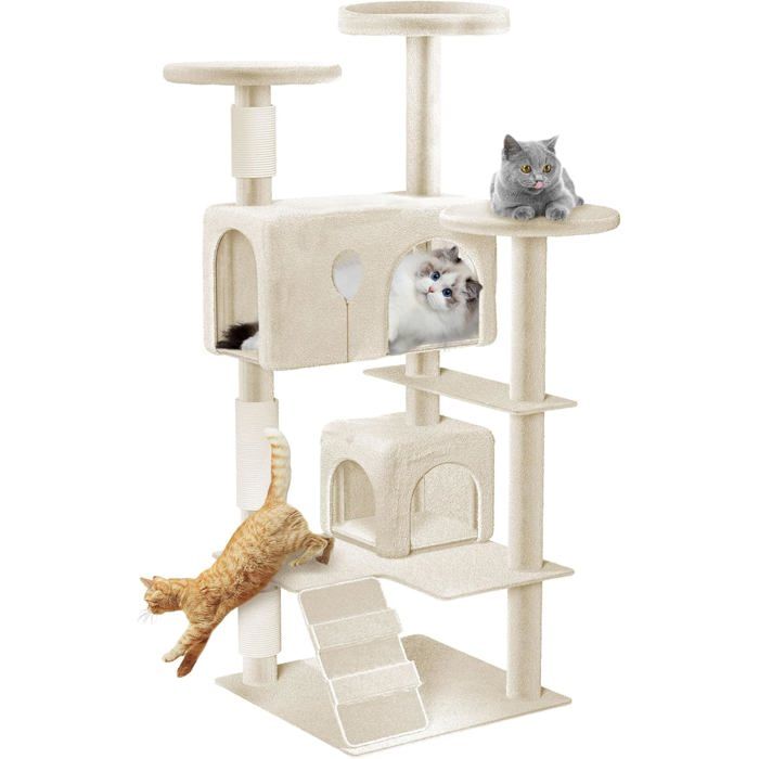 Comparer les prix de UISEBRT Grand Arbre à Chat 49x49x130cm avec Grotte Plateformes Escalier et Colonnes en Sisal Meuble descalade Beige K1254