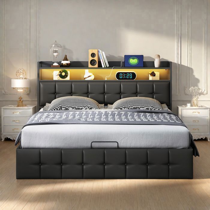 Lit 140x200 cm - COZY - LED - Tissu PU - Cadre double - Noir Lit 140x200 cm - COZY - LED - Tissu PU - Cadre double - Noir