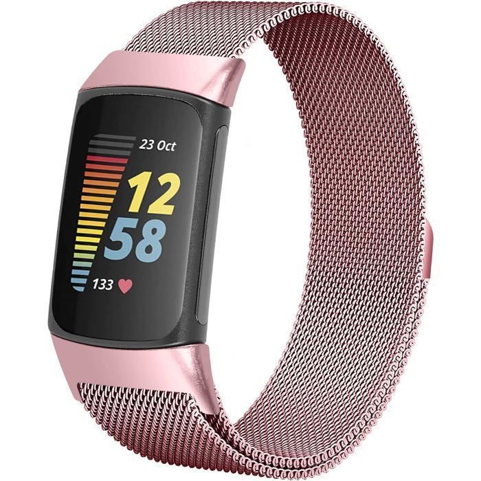 Stravo Bracelet Milanais Luxe pour Fitbit Charge 5/6 - Acier Inoxydable Magnétique Élégant Ajustable - Rose