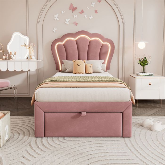 Lit enfant - APP-Control LED - 90x190 cm - Velours rose - LED RVB contrôlable