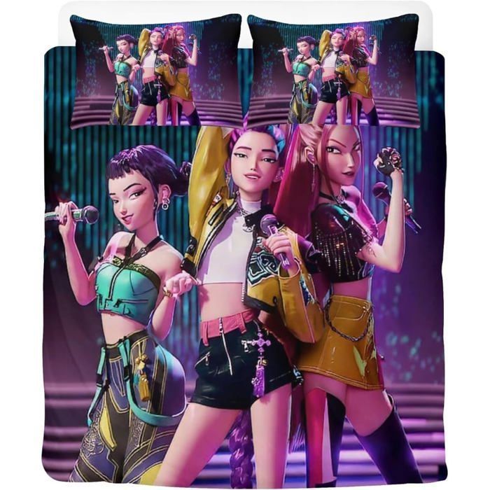 Parure De Lit 140x200 Cm Kpop Demon Hunter - Housse Couette + 2 Taies 65x65 Cm, Microfibre, 8 Attaches, Fermeture éclair