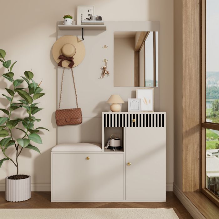 Ensemble Penderie Avec Miroir, 5 Crochets Dorés, Meuble à Chaussures