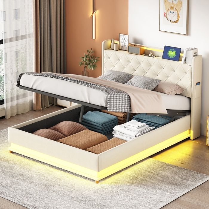 Lit Coffre LED 140 x 200 cm Lit Double pour Adulte avec Ports USB Lit Rembourré avec Cadre Métallique Lin Beige