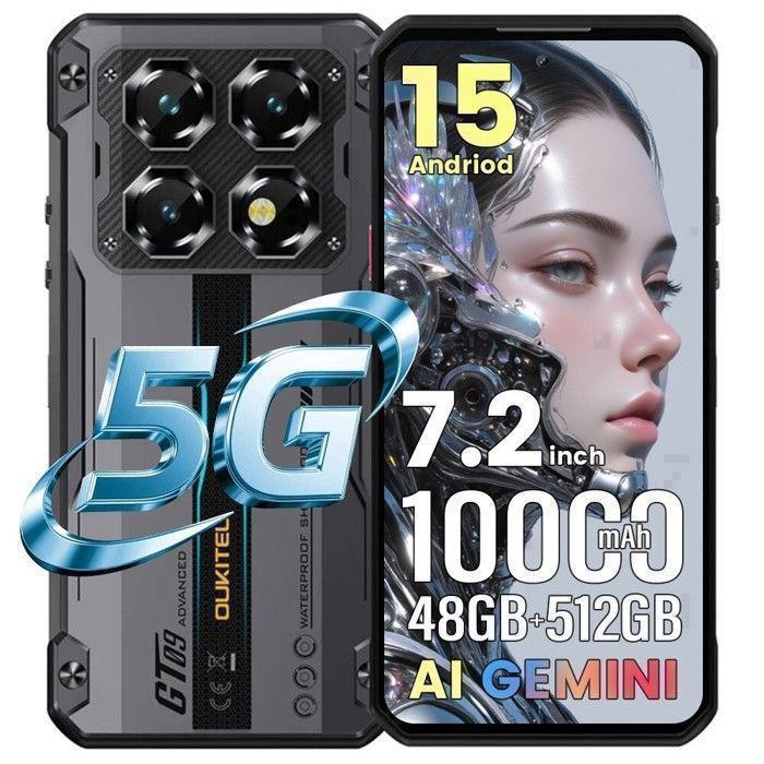 OUKITEL WP60 Rugged Smartphone 5G, 24GB+256GB/1TB Telefono Indistruttibile, 7.2 HD+ Rugged Phone, 108MP Telefono Rugged, 10000mAh Cellulare Antiurto, 5G Dual SIM/Face ID/NFC/Fingerprint, Nero