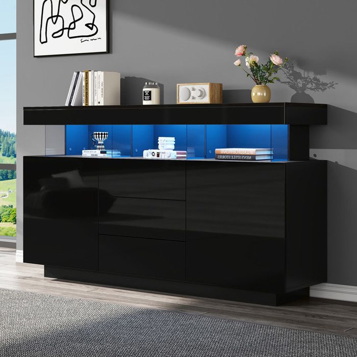 Buffet moderne 140x35x80cm buffet brillant bar à café buffet en acrylique avec bande lumineuse LED adapté salle à manger-noir