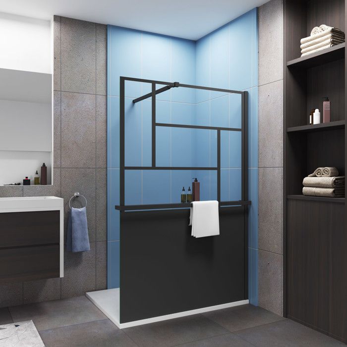 Paroi de douche 100x200cm style industriel + Étagère de Douche 100cm noir + 8mm verre anticalcaire + barre fixation 73-120cm