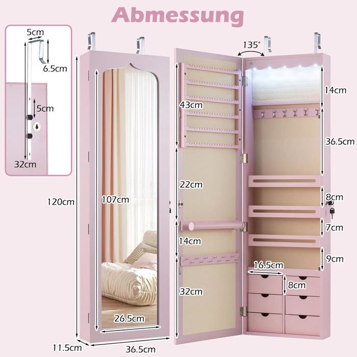 GIANTEX Armoire à Bijoux Mural avec Miroir et Lumière LED Accrochée à la Porte avec Serrure Miror Porte-Bijoux 120x36 5x11 5CM Ro