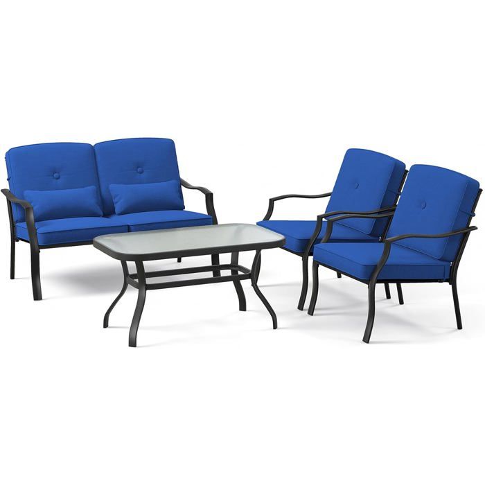 GIANTEX Salon Bas de Jardin 4 Pièces en Métal-1 Canapé/2 Chaises/Table Basse en Verre Trempé-avec Coussins-Mobilier de Jardin Bleu