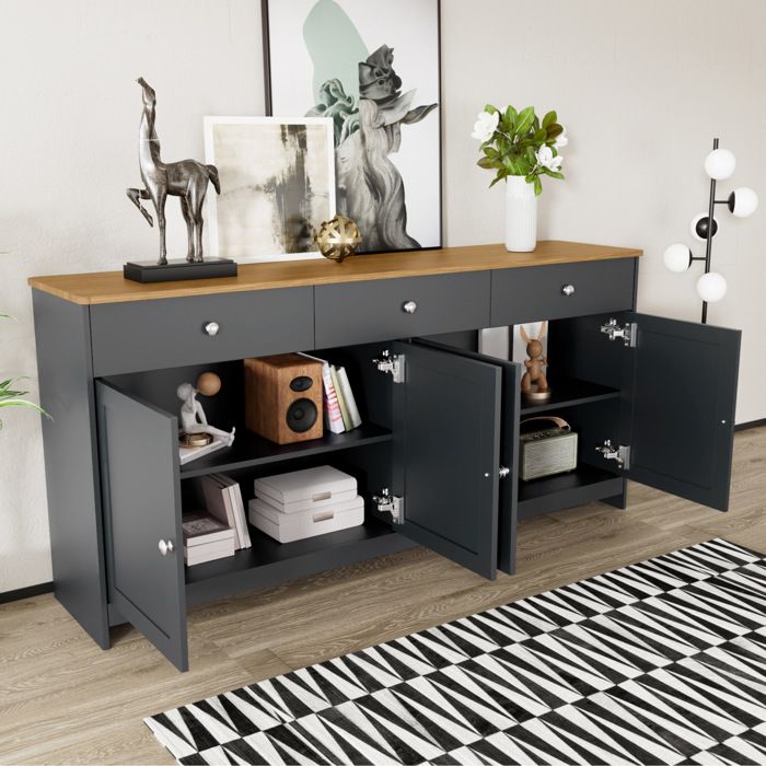 Buffet cuisine/salon160x37x75 cm 4 portes+3 tiroirs décoration en grain de bois commode MDF noir