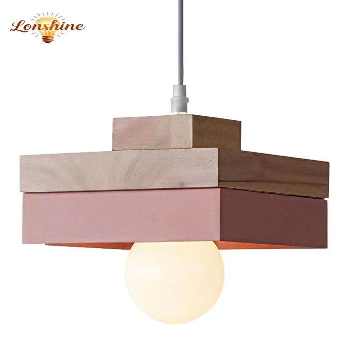 LONSHINE Suspension Moderne Carré Abat-jour en Bois et Métal Rose E27 Luminaire Lustre Chambre Éclairage de Plafond pour Salon
