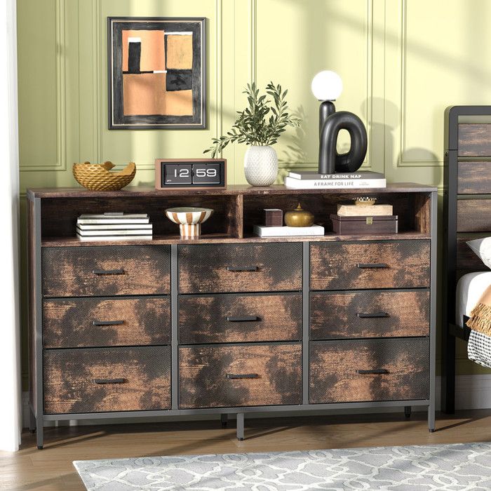 Commode 9 Tiroirs en Tissu ALIGHTUP avec Cadre Métallique Renforcé et Compartiment Ouvert 140x30x87 cm