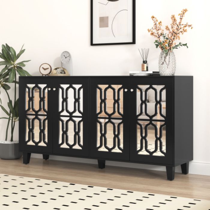 Buffet rangement noir miroir avec poignées en cristal 4 portes étagère réglable pour salon et salle à manger 160x40x84 cm