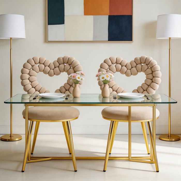 Chaise de salle à manger - Découpe en cœur - Velours beige clair - Pieds métal noir - Lot de 2