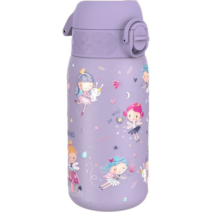 Gourde Enfant Inox Léger 400ml Non Isolé Anti-Fuite Facile à Ouvrir Verrouillage Sécurisé Fées