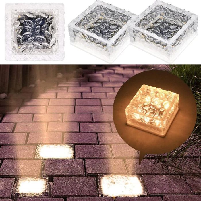 Lot de 2 lampes solaires LED en verre pour pavés 6 LED lumière blanc chaud interrupteur marche/arrêt