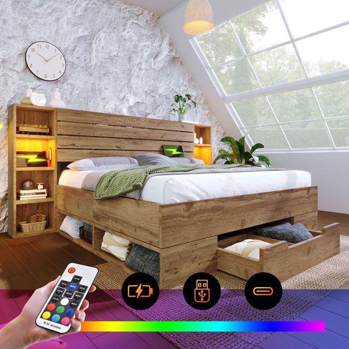 Lit double 180x200 cm - LED USB et Type-C lit coffre adultestyle moderne tiroir à roulettes chêne