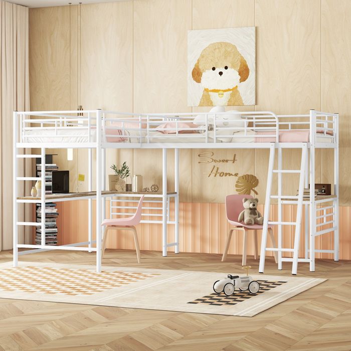 Lit superposé avec bureau - Dimensions 90x200 cm - Blanc - MDF et métal - Double escalier - Haute balustrade