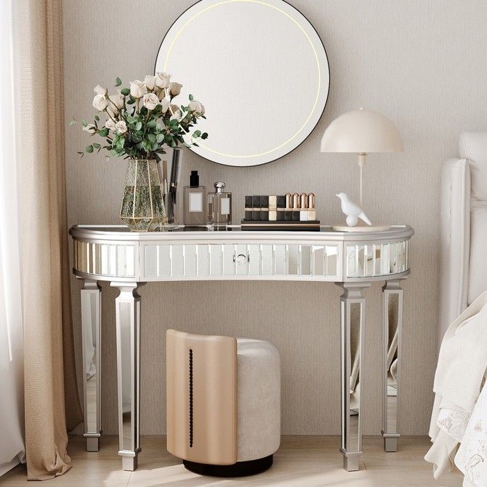 CollaHausse Console Mi-lune 120cm Miroir Verre Cannelé Cristal Gris Argent