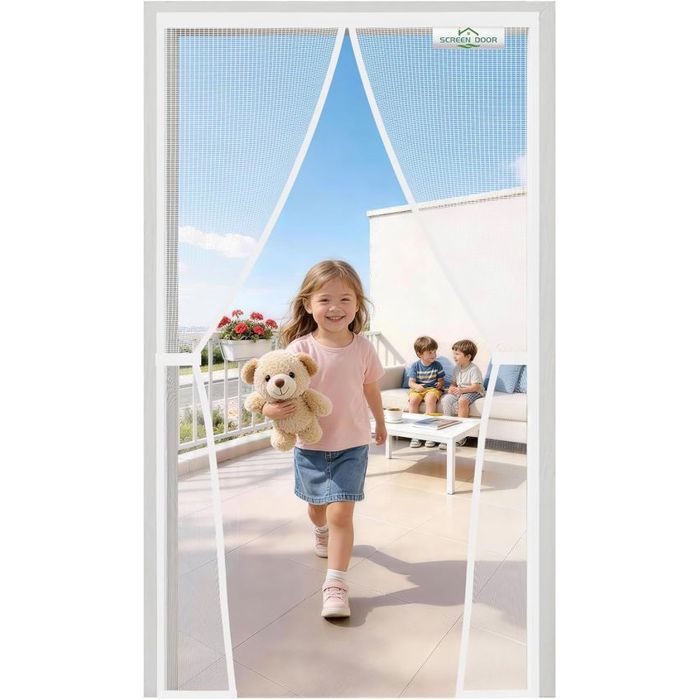 Moustiquaire magnétique pour porte-fenêtre de balcon anti-insectes 115 x 210 cm blanche polyester fermeture auto pour enfants et