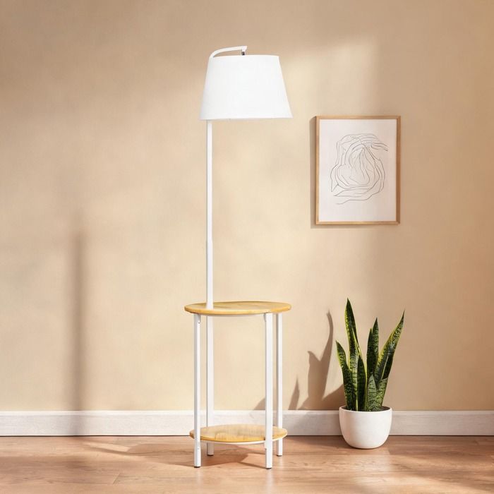 Lampadaire en acier blanc avec deux étagères bambou et abat-jour en lin 162 cm pour salon ou chambre