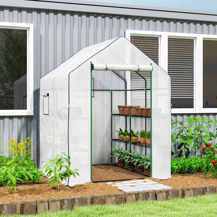 Serre de jardin extérieure 140 x 143 x 190 cm blanche 6 étagères porte enroulable couverture en PE et cadre en acier