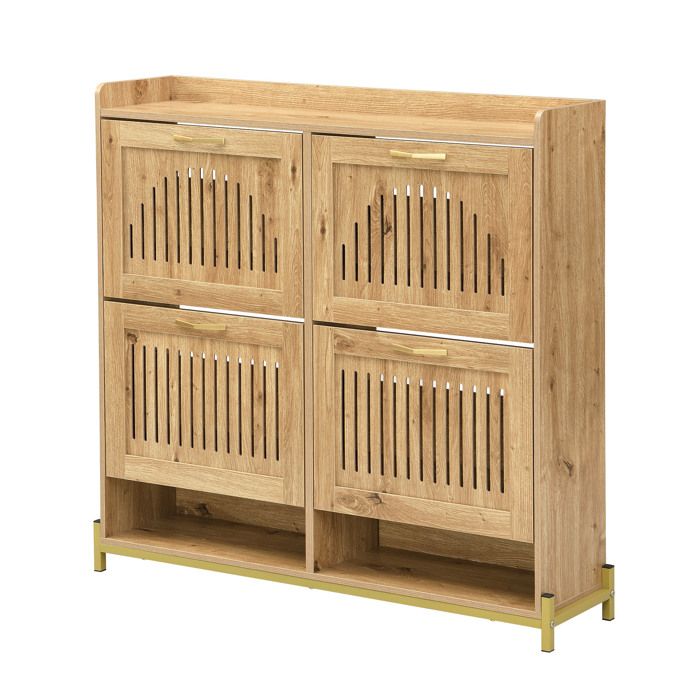 WOVREO Meuble à chaussures 108 5 x 24 x 100 cm 4 portes ajourées MDF aspect bois et base métallique
