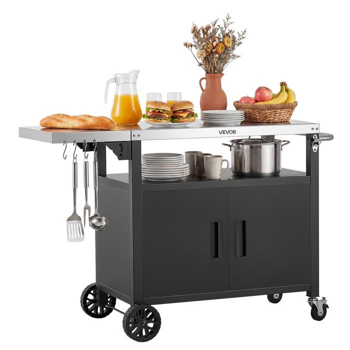 Desserte Plancha Extérieure 124 cm-VEVOR-Chariot de Barbecue avec Plateau en Inox et Placard de Rangement-Plan de Travail Mobile