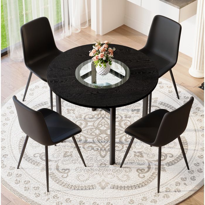 Modenuit Ensemble table à manger ronde 100 cm avec 4 chaises noires plateau MDF aspect bois noir et verre