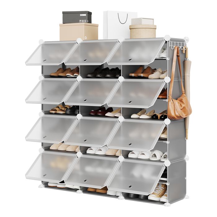 Organisateur De Chaussures Et Bottes-Armoire à Chaussures Modulable Avec Portes Transparentes Anti-Poussière -124x34x125cm-Gris