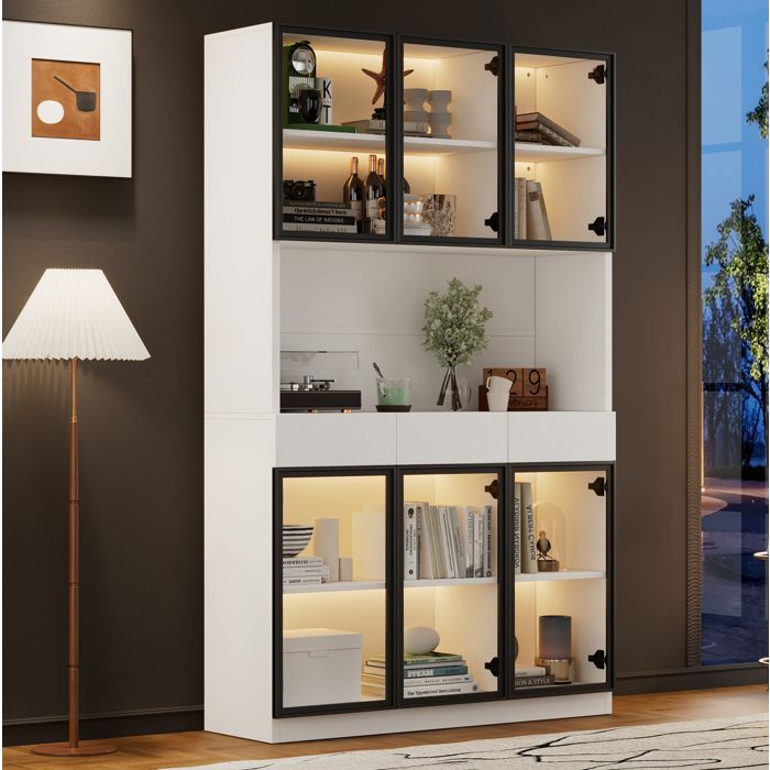 Vitrine haute 200 cm blanche avec LED verre trempé cadre aluminium noir 3 tiroirs et rangements réglables