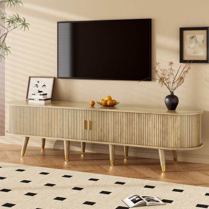 Meuble Télévision 175x38x45 cm COZHYESS Banc TV Salon Portes Coulissantes Grand Rangement Tiroirs Niches Détails Dorés - Chêne