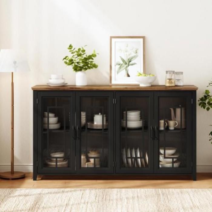 Buffet de cuisine 160 x 40 x 86 cm - 4 portes vitrées - étagères fixes - plateau effet bois - anti-basculement - noir