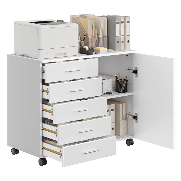 Caisson de Bureau à Roulettes Support pour Imprimante avec 5 Tiroirs 2 Étagères Rails Coulissants Blanc Caisson de Bureau à Roulettes Support pour Imprimante avec 5 Tiroirs 2 Étagères Rails Coulissants Blanc