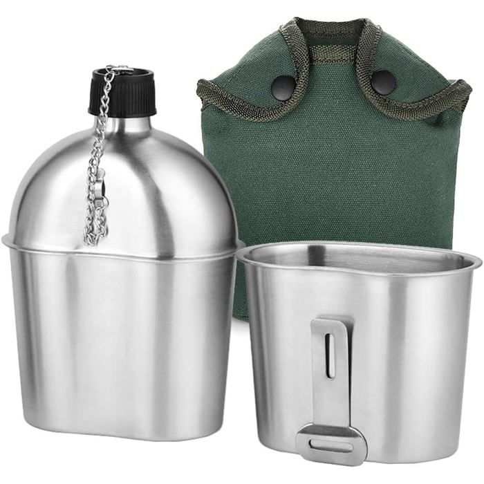 Kit 2 pièces Gourde militaire Acier inoxydable 1000ml et 600ml Housse nylon Camping Randonnée .