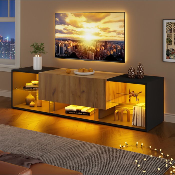 VEVXYN meuble TV console rangement LED 160 x 40 x 42 cm panneaux de particules et verre 2 tiroirs noir et bois naturel